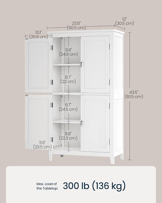 SONGMICS HOME Freestanding Storage Cabinet, Floor Cabinet with Elevated Legs, Metal Handles, for Living Room, Kitchen, Bathroom, White