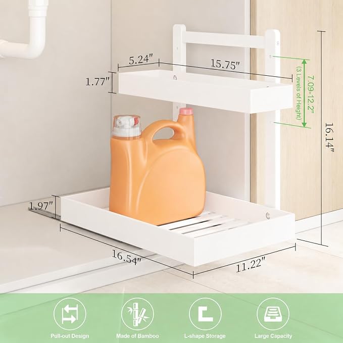Bamboo Under Sink Organizer, 2-Tier Pull Out Cabinet Organizer | Kitchen Sink Organizer | Bathroom Cabinet Organizer | Cleaning Supply Storage | L-Shape | 3-Level Adjustable | Natural Bamboo