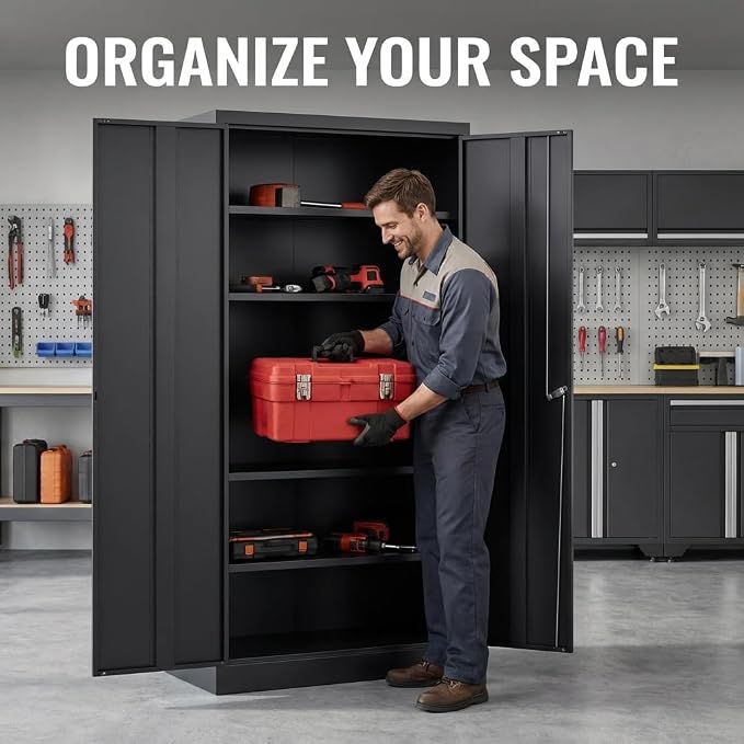 CJF 71" H Metal Storage Cabinet, Locking Cabinet with 2 Doors and 5 Adjustable Shelves, Black Tall Cabinet for Garage, Home, Office, Pantry, Workshop, School