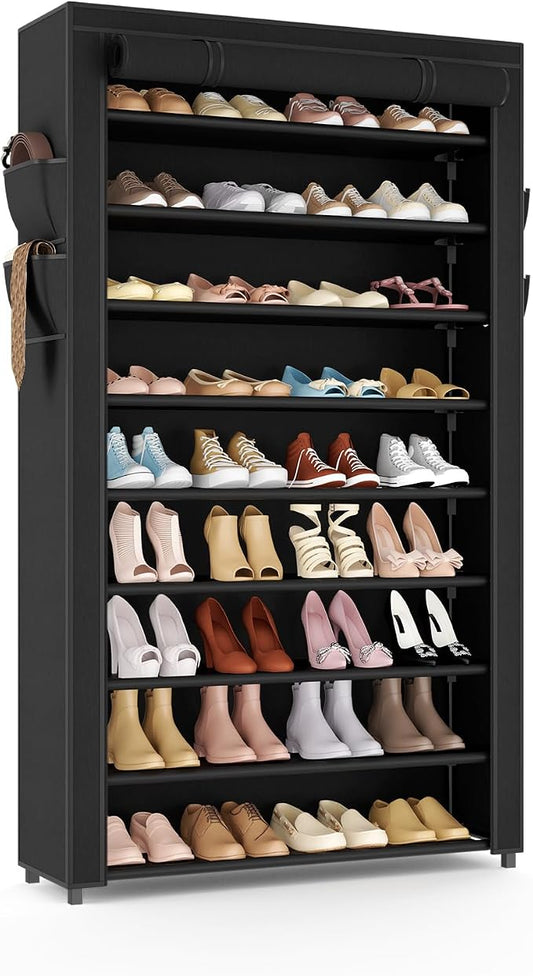 VILICK Shoe Rack with Cover Narrow Shoe Organizer with Pockets 10 Tier Tall Shoe Storage Holds 36-41 Pairs Shoes and Boots Shoe Rack for Closet Entryway Garage, Black