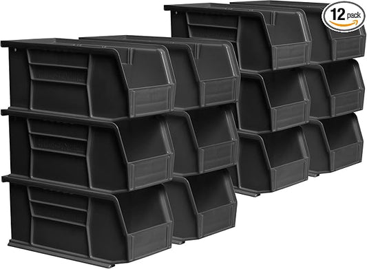 Akro-Mils 30230 AkroBins Plastic Storage Bins, 11"x5"x5", Black, 12-Pack | Space-Saving Stackable Bins for Garage, Pantry, Craft Organization