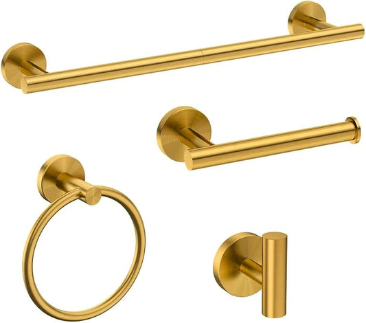 USHOWER 4PCS Brass Gold Bathroom Accessories Set, 18-Inch Towel Bar Set | Durable SUS304 Stainless Steel Bathroom Hardware Set, Towel Racks for Bathroom Wall Mounted, Modern Home Decor