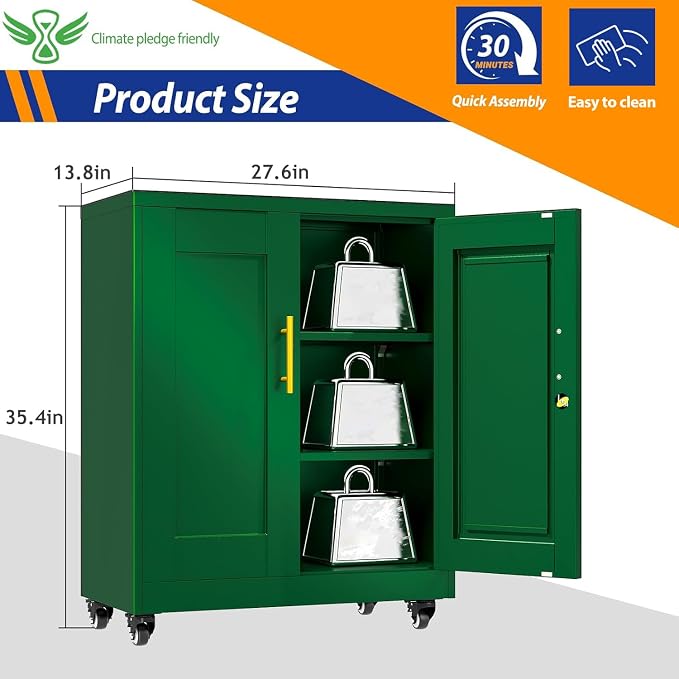 GAIOUS Metal Storage Cabinet with Lock and Wheels, Steel Office Cabinet with 2 Door and 2 Adjustable Shelves, 35” Tall Lockable File Cabinet, Garage Cabinet, Rolling Cabinet for Home Office - Green