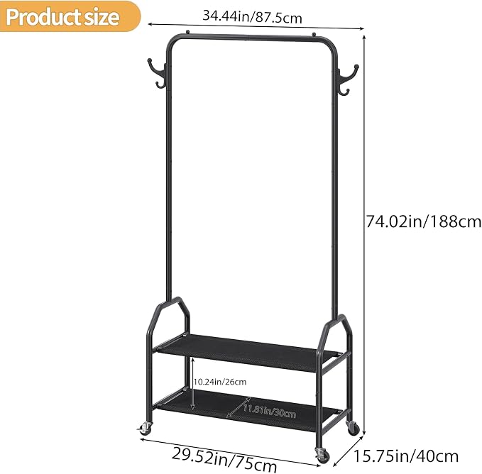 EVLIQUIL Metal Garment Rack with 2-Tier Shelves, Wheels & Side Hooks, Black