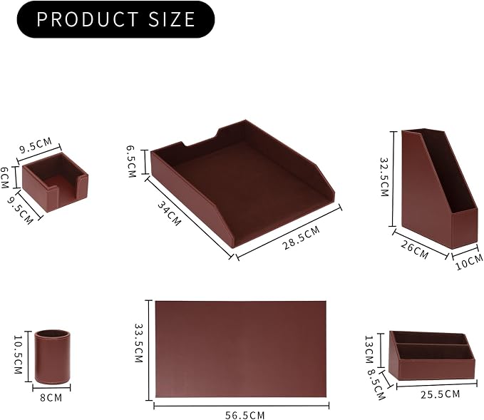 Office Supplies PU Leather 6-Piece Desk Organizer with Writing Pad, Letter Tray, File Folder Sorter, Pen Cup, Note Holder, Business Card Holder - Brown