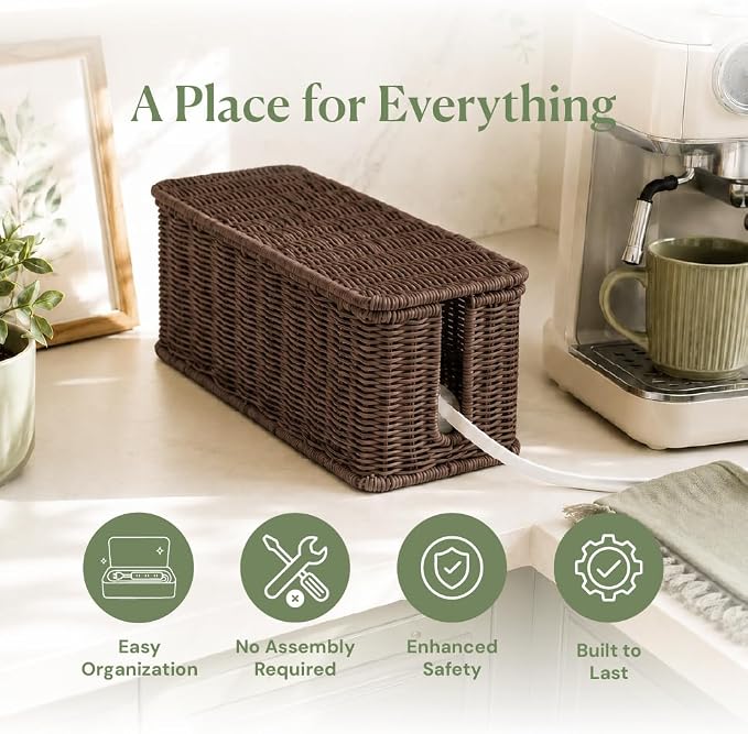 Cable Management Box, Handmade Rattan Cable Organizer with 2 Open Slots, Cord Hider for Power Strip, Router & USB Hub, Registered U.S. Design Patent (D1,112,102), 13" x 5.1" x 5.1", Brown