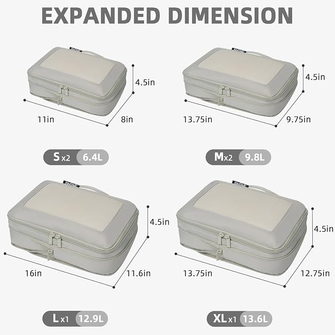 BAGAIL 4 Set/6 Set/8 Set Compression Packing Cubes Travel Accessories Expandable Packing Organizers (Square Mesh, 06-Grey)