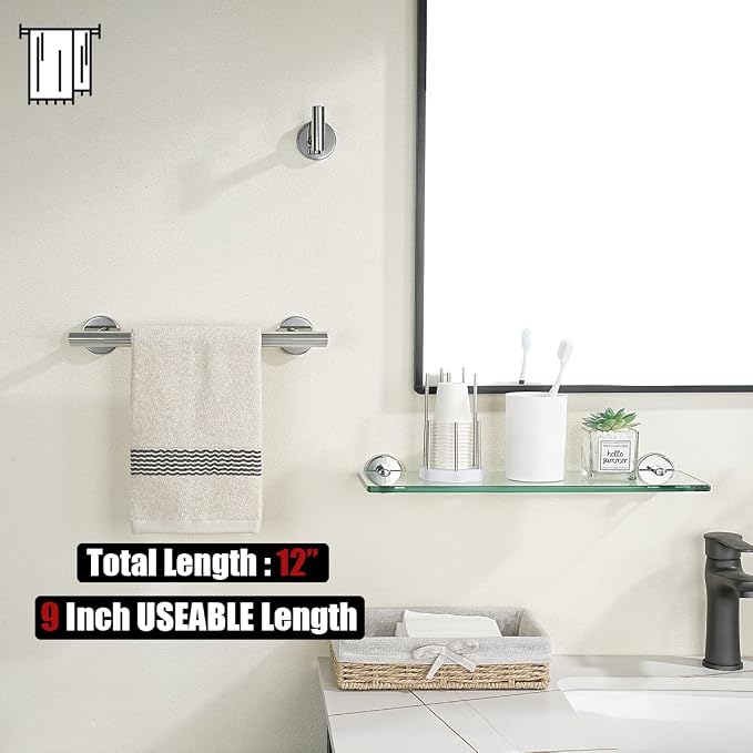 JQK Chrome Towel Bar, 12 Inch 304 Stainless Steel Thicken 0.8mm Towel Rack Bathroom, Towel Holder Polished Finished Wall Mount, Useable Length 9 Inch, TB110L9-CH