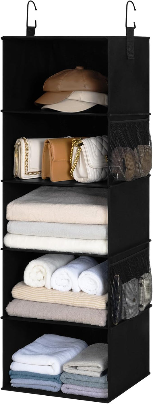 StorageWorks Hanging Closet Organizer, 5-Shelf Hanging Shelves with 2 Hooks, Foldable Space-Saving Design, Closet Organizers and Storage for Bedroom, Dorm, Locker, Black