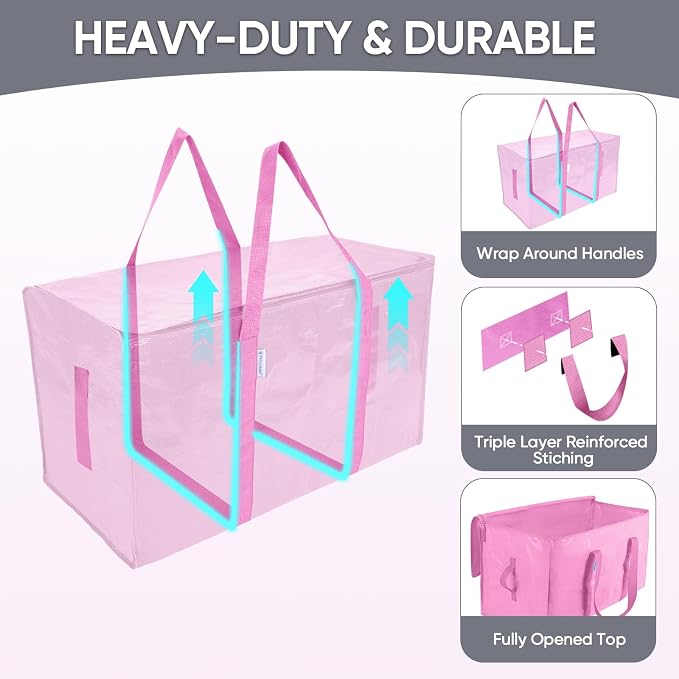 TICONN 2 Pack Extra Large Moving Bags Heavy Duty with Zippers & Carrying Handles, Durable Storage Bags Moving Boxes for Closet Organizers and Storage (2 Pack, Pink)