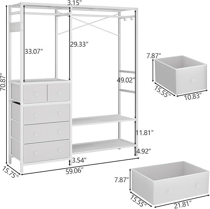 Freestanding Clothes Rack with 5 Drawers & 4 Storage Shelves,2 Hanging Rods | 59.1" W*70.9" H Heavy Duty Clothing Rack, Wardrobe Closet Organizer System with 5 Hooks, Garment Rack (White)