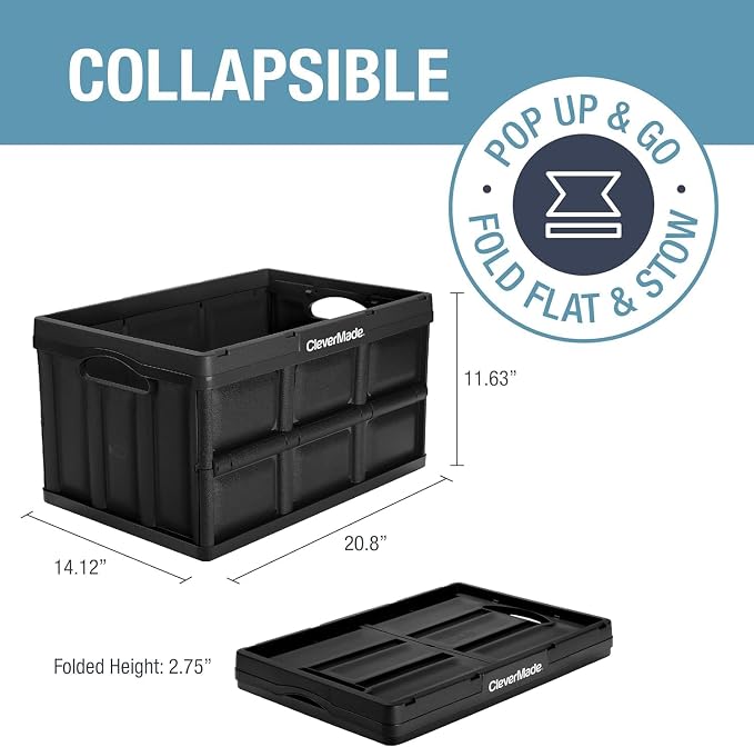 CleverMade Collapsible Storage Bins, 46L, 3 Pack, Ocean | Each bin supports 75 lb for groceries, tools, or gear. Interlocking bases stack securely, and the bins fold to 2.75 inches.