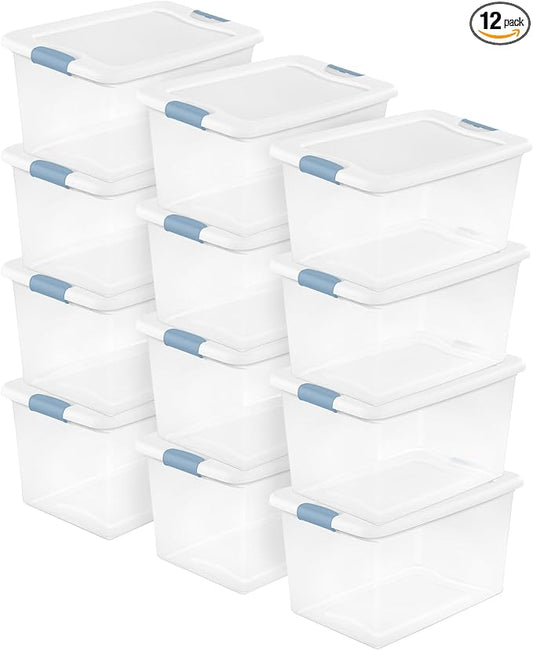 Sterilite Latching Box with Lids for Home and Office, 64 Quart, 12-Pack | Heavy-Duty and Stackable Plastic Containers with Latches for Closet, Cabinet, Bedroom, Bathroom and Dorm Room Organization