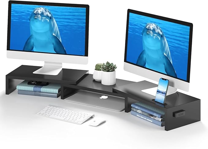 BONTEC Dual Monitor Stand Riser, Adjustable Length & Swivel Angle, Black | Ergonomic Wooden Desktop Organizer with Smartphone Holder, Computer Monitor Stand for PC, Laptop, Printer and Large Storage