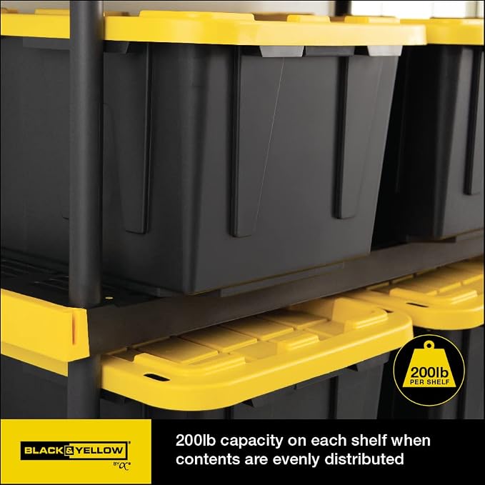 CX Heavy Duty 4-Tier Garage Storage Shelves + 4-pack 27-Gallon Bins & Lids | Garage organizing system with 4-tier shelf + 4 plastic 27-gal totes, 200 lbs/shelf, 50.1H x 48W x 20D, Black & Yellow
