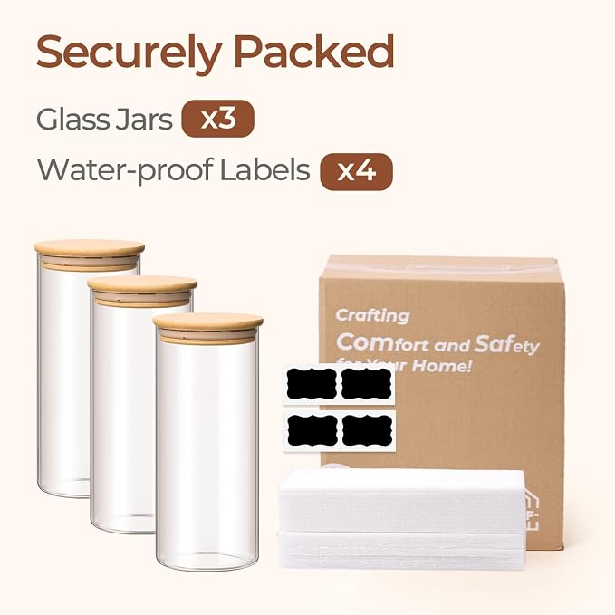 ComSaf Glass Storage Containers wtih Lids 1.7 Qt, 3 Pack Glass Storage Jars | Glass Containers with Bamboo lids, Glass Canisters 54oz, Kitchen Cabinet Storage, Tea, Spice, Coffee, Dry Food, BPA Free