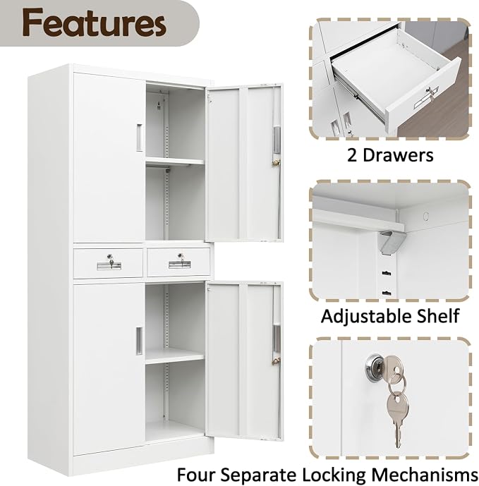CJF Metal Storage Cabinet with Adjustable Shelves and Drawers, 71" H Locking Pantry Storage Cabinet for Office, Garage, Home, School, Utility (White)