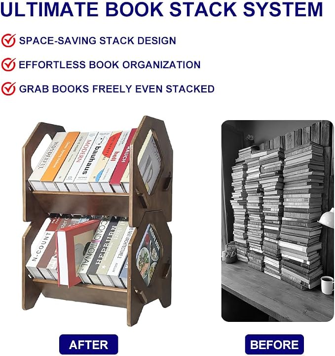 2 Pack Desktop Bookshelf, Stackable Book Organizer with Handle, storage rack for CD/Magazine/File Folder, Portable Small bookshelf for Study, Living room, Kid's room, No Nails, Medium Size