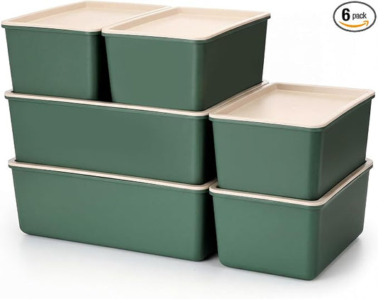 6 Pcs Large and Small Plastic Storage Bins with Lids 14.4 x 10.4 x 5.1 Inch Stackable Storage Containers Decorative Cubby Organizer for Clothes Shelves Garage Closet Office(Green)