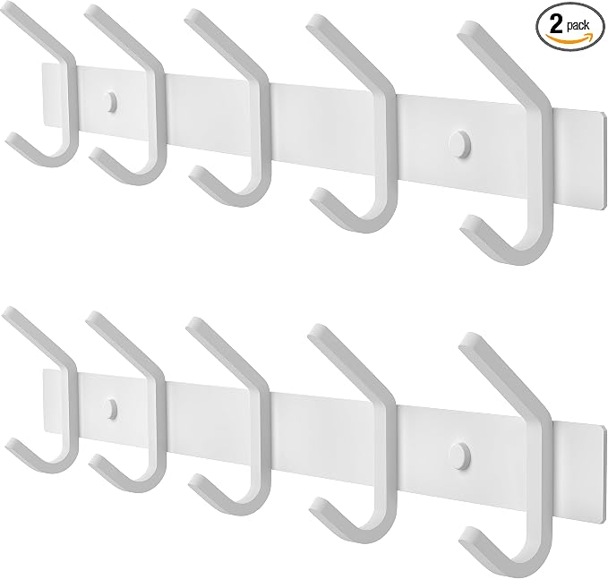 White Coat Rack Wall Mount – 15 Inch Stainless Steel Hook Rail with 5 Heavy Duty Double Coat Hooks – Wall Mounted Coat Hanger for Entryway, Bathroom, Bedroom, Towel, Hat Organizer - 2 Pack