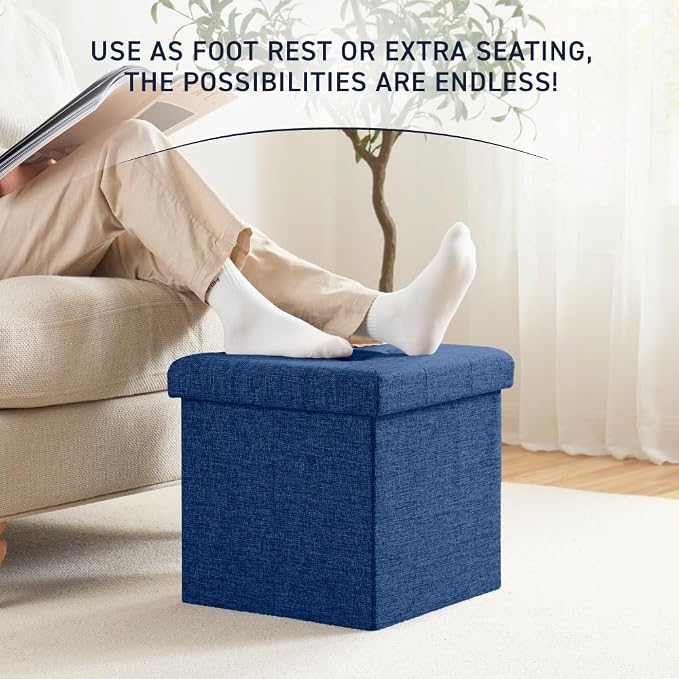 Ornavo Home 15 Inch Folding Storage Ottoman Cube, Tufted Linen, Navy Blue | Upholstered Cube with Lid; Foot Rest Stool; Ideal for Bedroom, Living Room or Entryway
