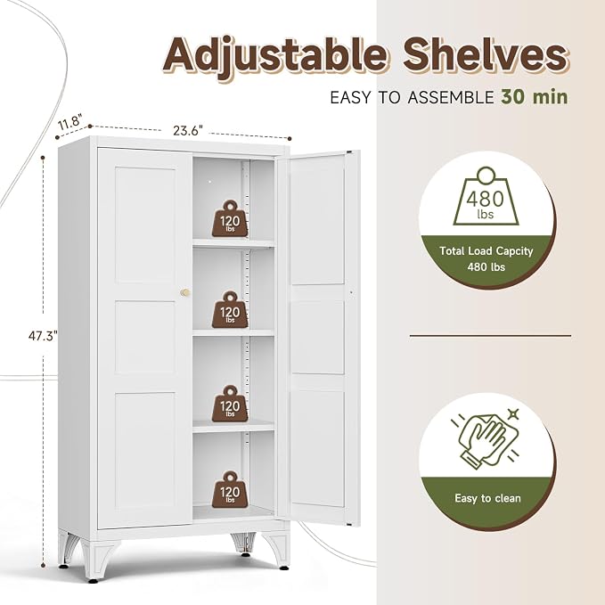 Letaya Metal Storage Cabinet with Doors and Shelves,47.3" H Bathroom Floor Kitchen Pantry Utility Cupboard Dining Home Office/Garage Organizers,White