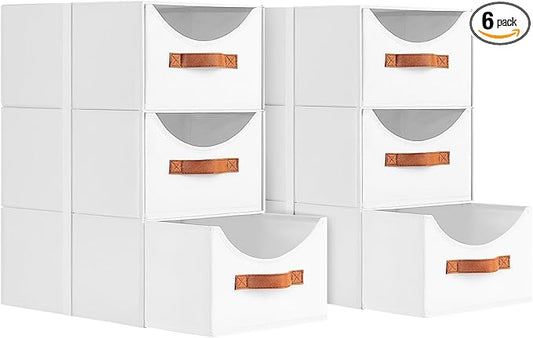 Homsorout Stackable Storage Drawers - Collapsible Storage Bins with Drawers, 6 Pack Closet Shelf Organizer Basket, Fabric Pull Out Organizer for Bedroom, Living Room, Dorm, White