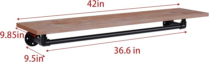 Clothes Rack 42in, Wall Mounted Garment Rack with Real Wood Shelf, Heavy Duty Hanging Clothes Rack, Multi-Purpose Hanging Rod, Space-Saving Closet Storage