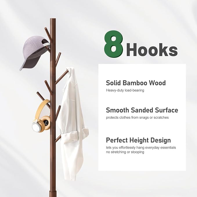 kiplant Bamboo Wood Coat Rack Stand, Freestanding Coat Tree with 8 Hooks, Hallway Entryway Hat Hanger Organizer Standing for Bedroom, Office, Clothes, Jackets, Bags, Umbrallas