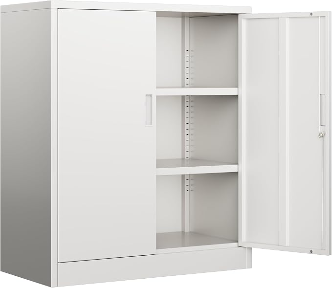 BESFUR Metal Garage Storage Cabinet with 2 Locking Doors and 2 Adjustable Shelves, 36" White Metal Short Storage Cabinet for Home Office, Garage,School,Utility Room