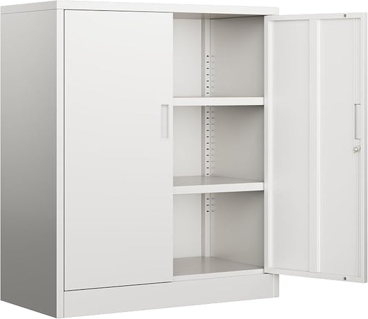 BESFUR Metal Garage Storage Cabinet with 2 Locking Doors and 2 Adjustable Shelves, 36" White Metal Short Storage Cabinet for Home Office, Garage,School,Utility Room