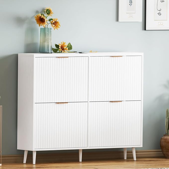 Shoe Cabinet Storage,Modern Freestanding Organizer with 4 Flip Drawers,Narrow Shoe Rack Cabinet for Entryway,White