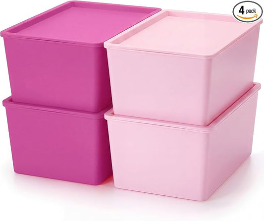 4 Pcs Storage Bins with Lids Plastic Stackable Containers for Classroom Room Organizing Shelves Christmas Ornament Box Baskets(Dark Pink, Light Pink,Large)