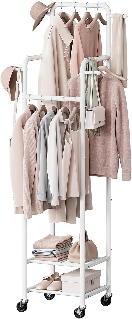 Small Clothing Rack with Wheels, Narrow Rolling Clothes Rack with 2 Shelves | Gasvadivum 71" Tall Sturdy Metal Garment Rack with 4 Hanging Rods & 4 Hooks, Portable Coat Rack for Bedroom, Bathroom, White