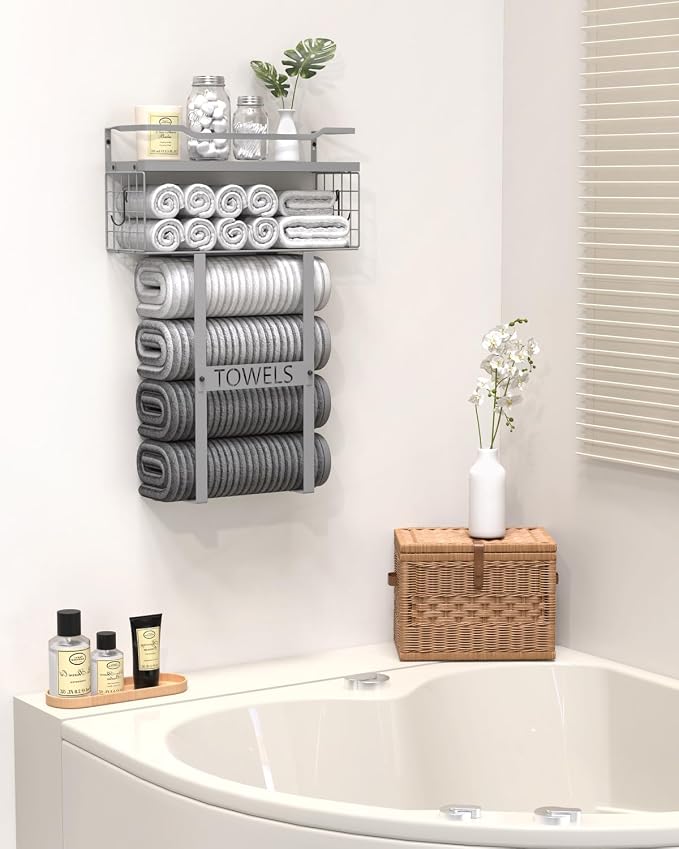 Towel Racks for Bathroom Wall Mounted - Bath Wall Towel Holder Set Above Toilet Storage, Rolled Towel Shelf Organizer for Small Bathroom, Wood Vertical Towel Rack for Bathroom Wall Decor Grey