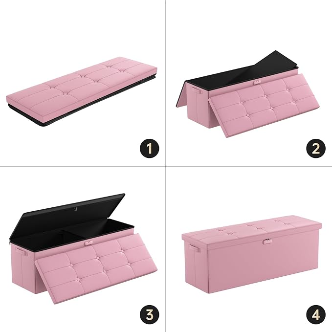 DocSafe Storage Ottoman Bench, Fireproof＆Waterproof Folding Bench with Lock(15”x 43”x15”), Leather Storage Chest with Handles＆2 Extra Boxes, Ottoman Safe for Bedroom,Living Room,Home Office, Pink