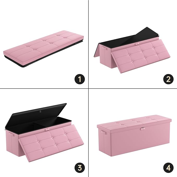 ENGPOW Storage Ottoman, Fireproof Folding Bench with Lock(15”x 43”x15”), Water-Resistant ＆ Heat Insulation Large Storage Chest with Handles＆2 Extra Spaces Safe for Living Room, Bedroom, Home, Pink