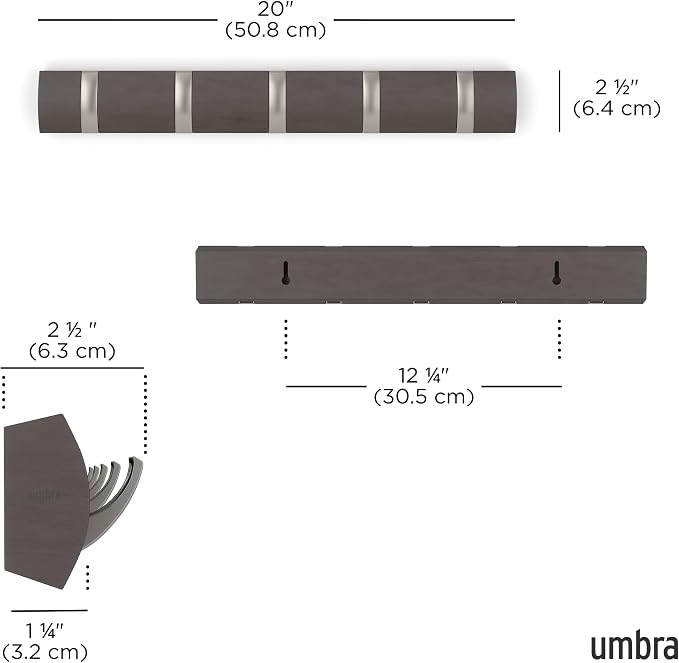 Umbra Flip Coat Rack, Wall Mounted 5-Hook Space Saving, Driftwood/Nickel | Real wood and steel build, retractable hooks fold flat, holds coats bags and scarves, easy install