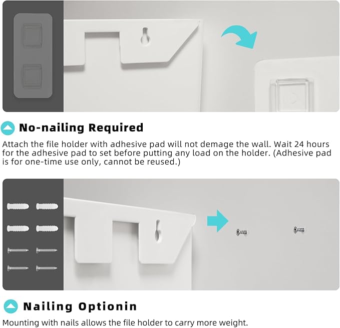 JOMOLA No Drilling File Holder 2 Pack Mail Organizer Wall Mount File Organizer Holder Office Wall Hanging Files Magazines Organizer Plastic Door Mount Wall Pocket with Adhesive Pad, White Color