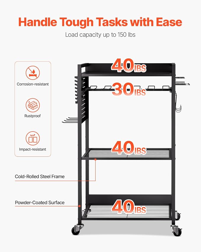 VEVOR 4-Tier Tool Organizer Cart, 150 lbs Load Capacity, Floor Stand Rolling Drill Holder and Stability Storage Rack, Heavy Duty Garage Floor Rolling Storage Cart for Workshop, Garage, Black