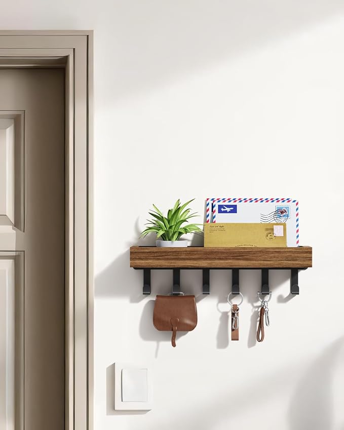 Key Holder Wall Mount Magnetic Adhesive, Key Hooks Rack with Shelf | Key Hanger with Mail Organizer for RV Camper Fridge Living Room Decor, Home Essentials, Rustic