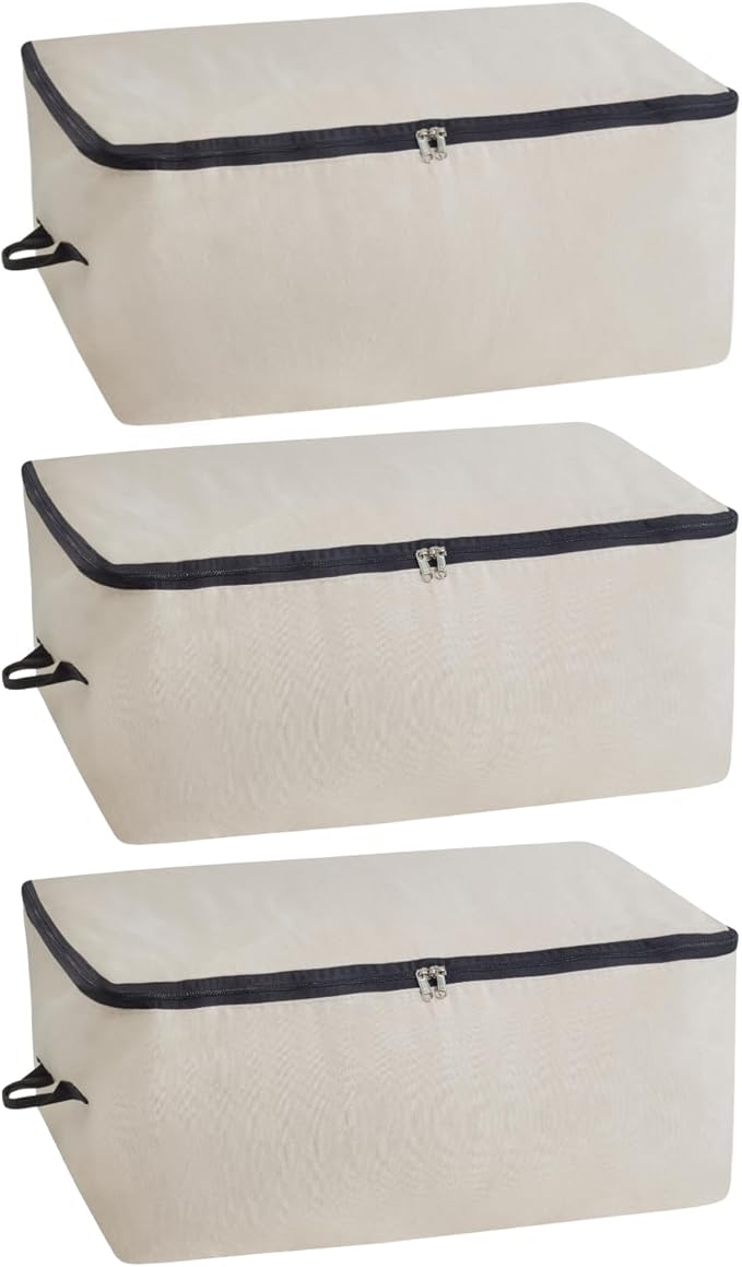 Comforter Storage Bags with Zipper - Sturdy 100% Cotton Canvas Quilt Storage Bags with Zipper - Extra Large with Handles to Conveniently Store Pillows, Blankets, Sheets, and Bedding (3 Bags)