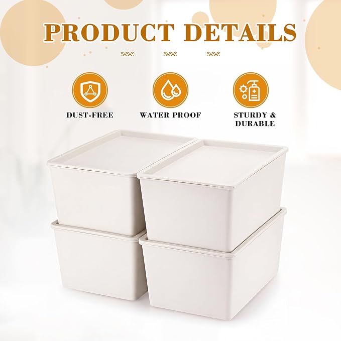 4 Pcs Storage Bins with Lids Plastic Stackable Containers for Classroom Room Organizing Shelves Christmas Ornament Box Baskets(Beige,Large)