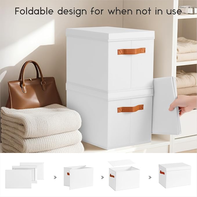 Homsorout Storage Bins with Lids - Large Fabric Closet Bins with Lid, 8 Pack Clothes Organizers and Storage, Collapsible Stackable Cube Basket for Home, Office, Dorm, White