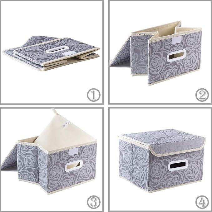 PRANDOM Collapsible Storage Boxes with Lids Fabric Decorative Storage Bins Cubes Organizer Containers Baskets with Cover Handles Divider for Bedroom Closet Living Room 9.8x7.9x6.7 Inch 3 Pack