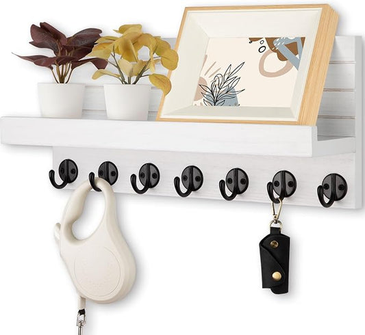 Lwenki Key Holder Wall Mount, Entryway Key and Mail Holder with 7 Sturdy Hooks for Sunglasses, Dog Leash, Decorative Wall Shelf with Mounting Hardware, 15”W x 6.7”H x 4.2”D (White)