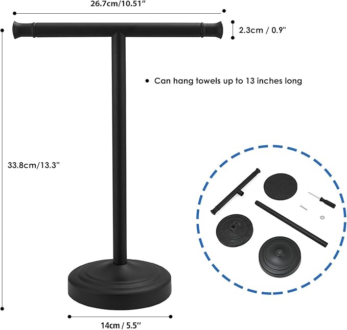 RUMOSE Matte Black Hand Towel Holder Stand Countertop Towel Rack | 13 Inch Bathroom Kitchen Vanity T-Shape Towel Stand Free Standing Stainless Steel Towel Bar Towel Ring