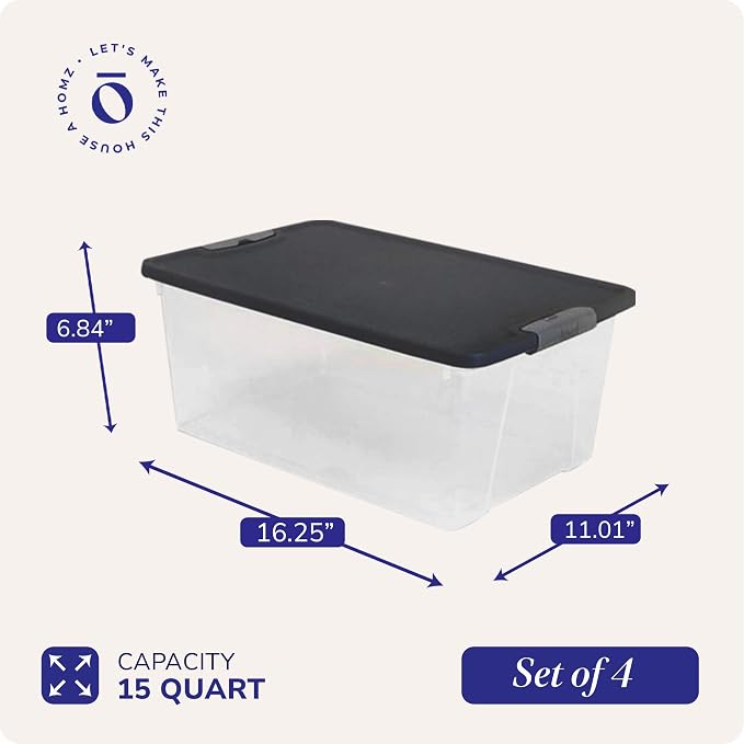 HOMZ Clear Plastic Storage Bins with Snaplock Secure Latching Lids | Easy Grip Handles | Stackable & Nestable Organizing Totes | Grey Lid | 15 Quart, Pack of 4