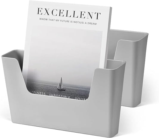 YOHOM Adhesive File Holder Plastic Document Folder Door No Drilling Mount Mail Magazine Organizer A4 Filing Envelopes Folder, Office Wall Mount Single Pocket(GREY, 2 PCS)