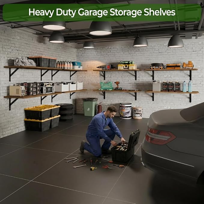 Dogsky 2-Pack Garage Storage Shelving Wall Mounted, 4x2Ft (48x24In) Heavy Duty Wood Floating Wall Shelf, 500lbs Capacity Shelves for Garage, Closets, Utility Rooms and Kitchens, Walnut